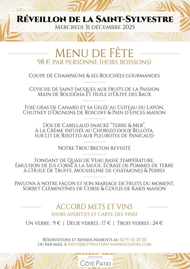 Menu du reveillon Nouvel An 2025 2026 Hotel Best Western Plus Vannes Centre ville